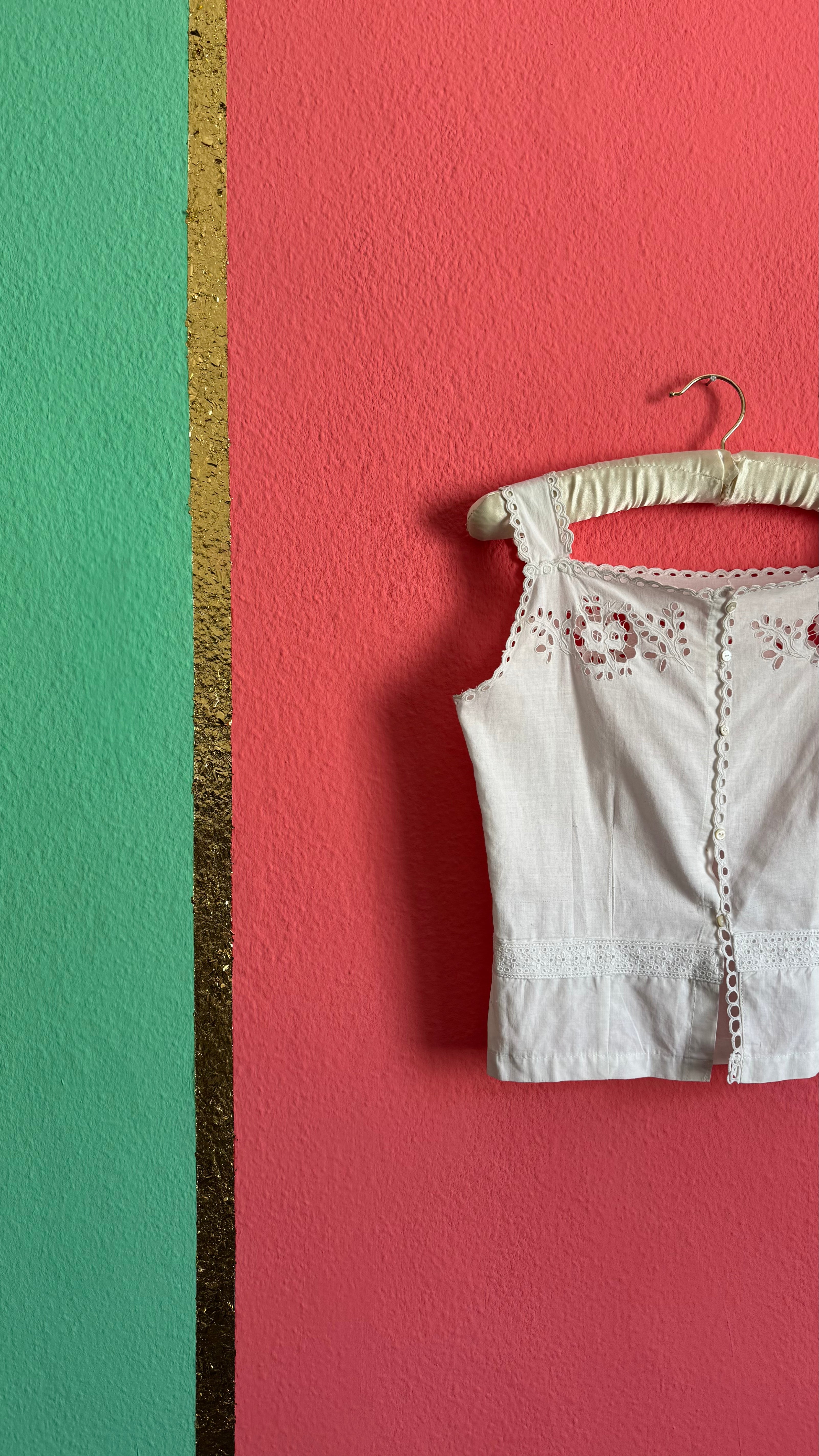 Vintage 1950s White Linen Camisole With Cutwork Embroidery