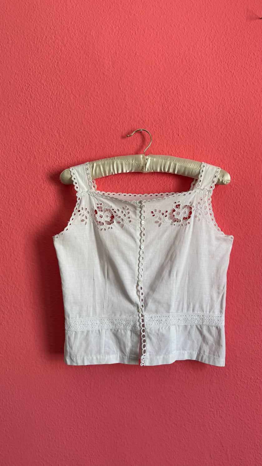 Vintage 1950s White Linen Camisole With Cutwork Embroidery