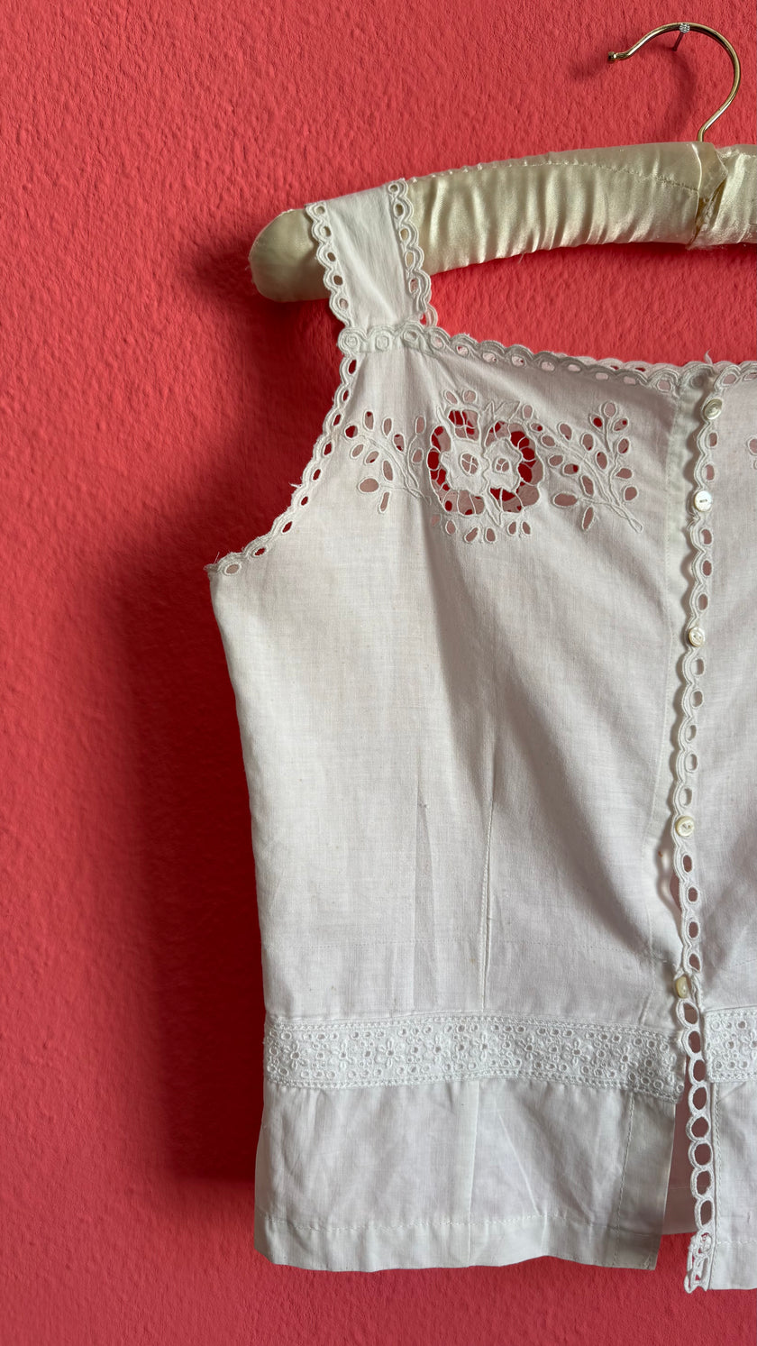 Vintage 1950s White Linen Camisole With Cutwork Embroidery
