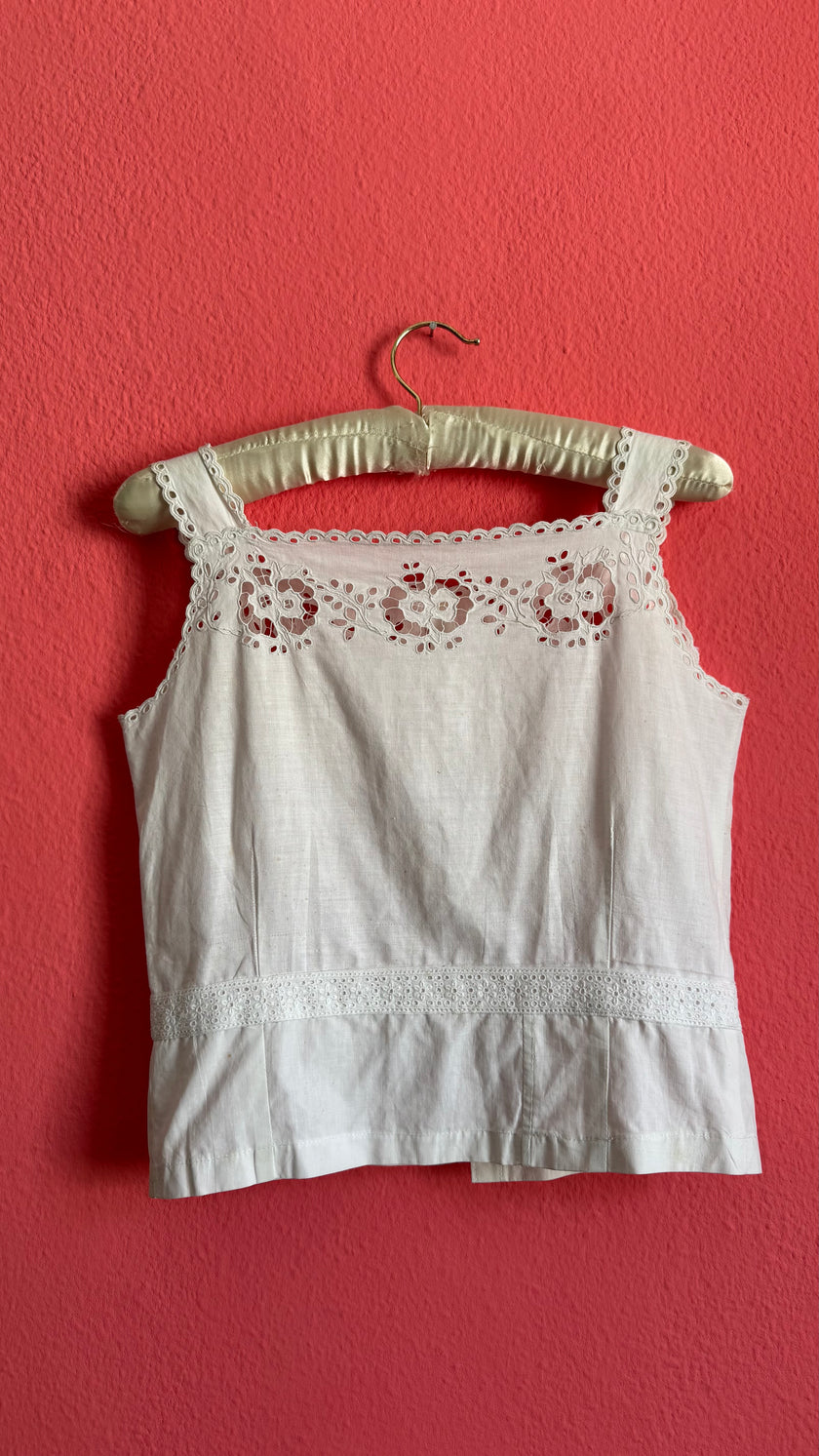 Vintage 1950s White Linen Camisole With Cutwork Embroidery