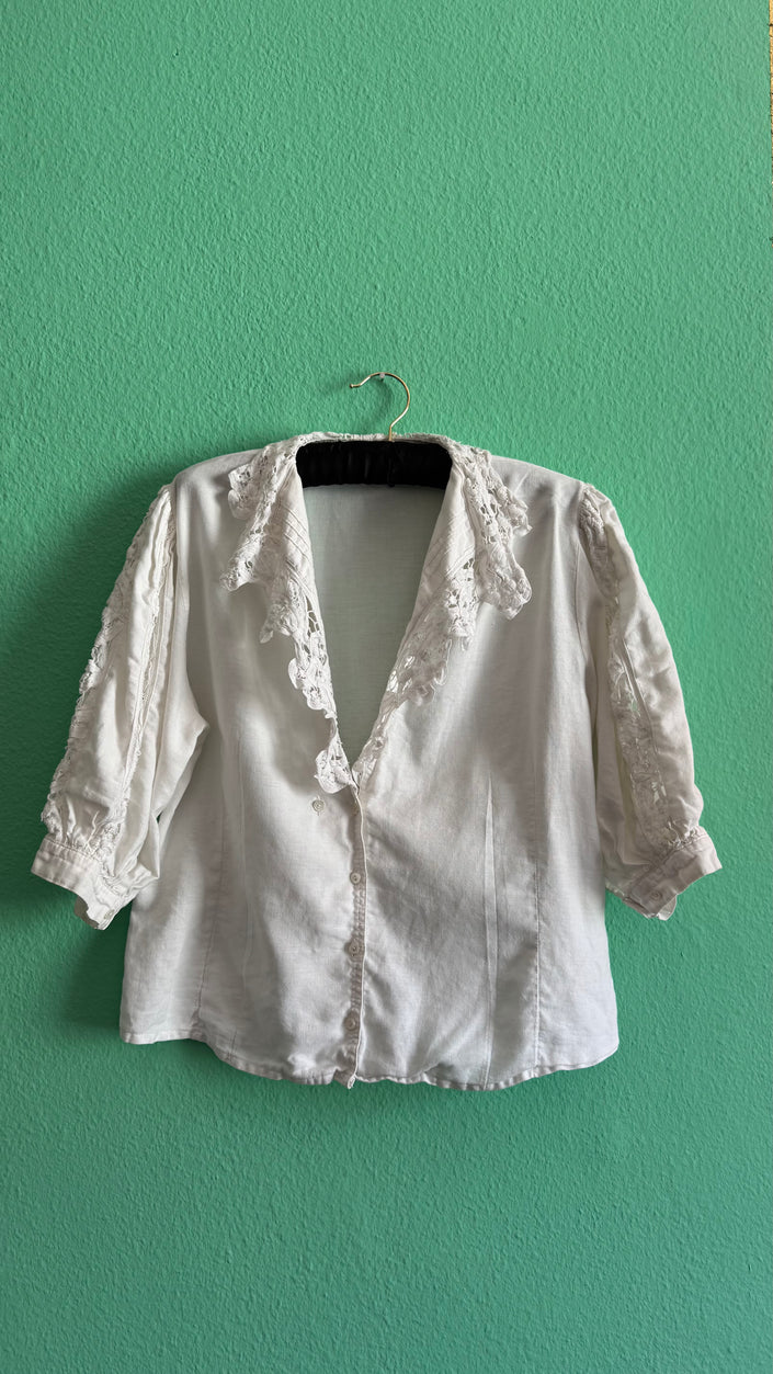 Vintage 1980s White Linen Blouse With Lace Collar
