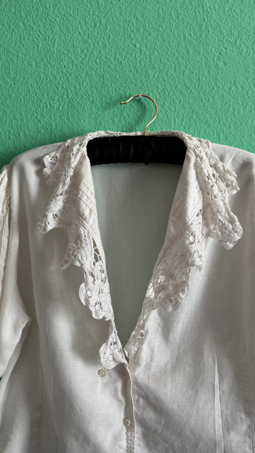 Vintage 1980s White Linen Blouse With Lace Collar