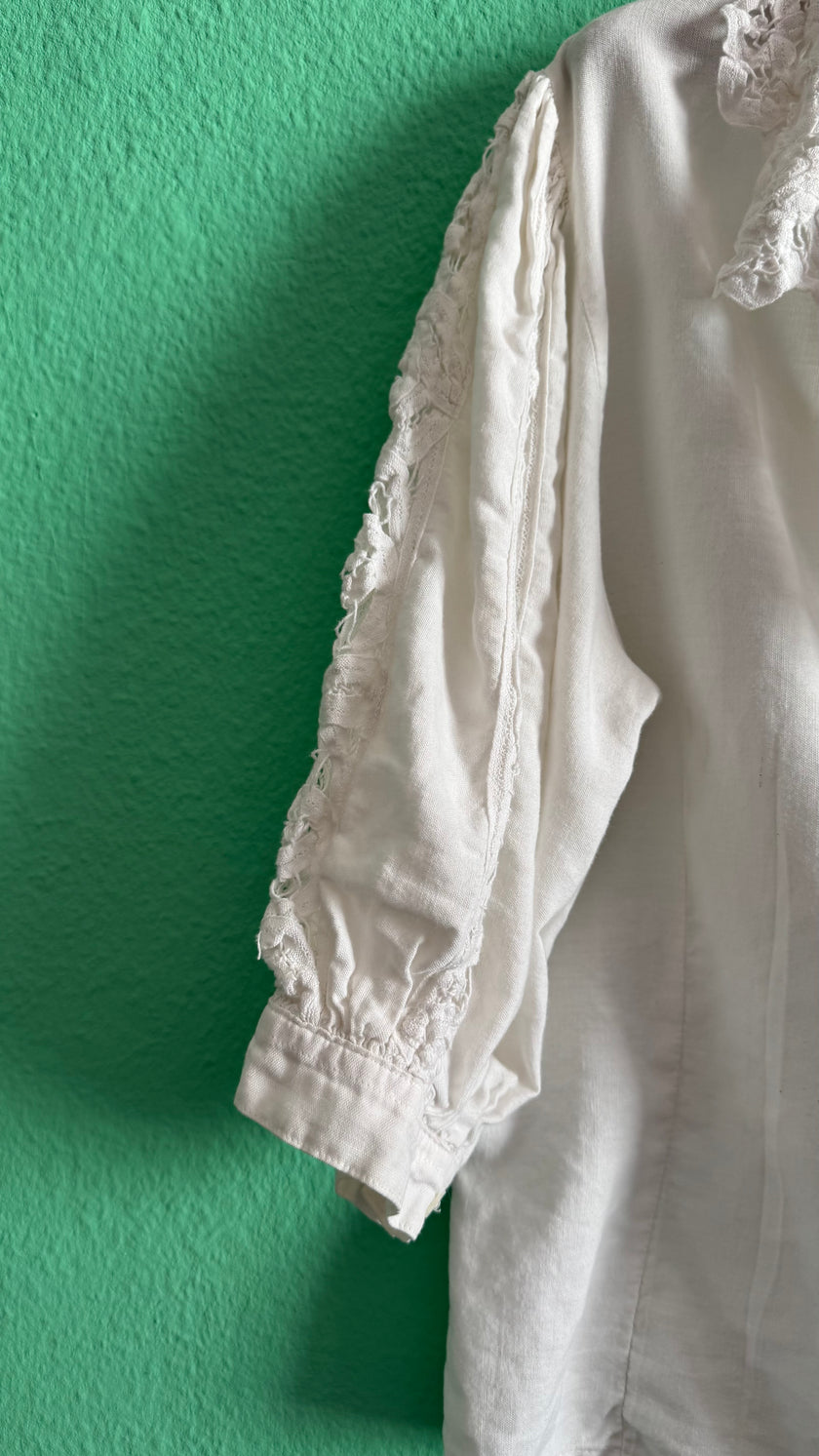 Vintage 1980s White Linen Blouse With Lace Collar