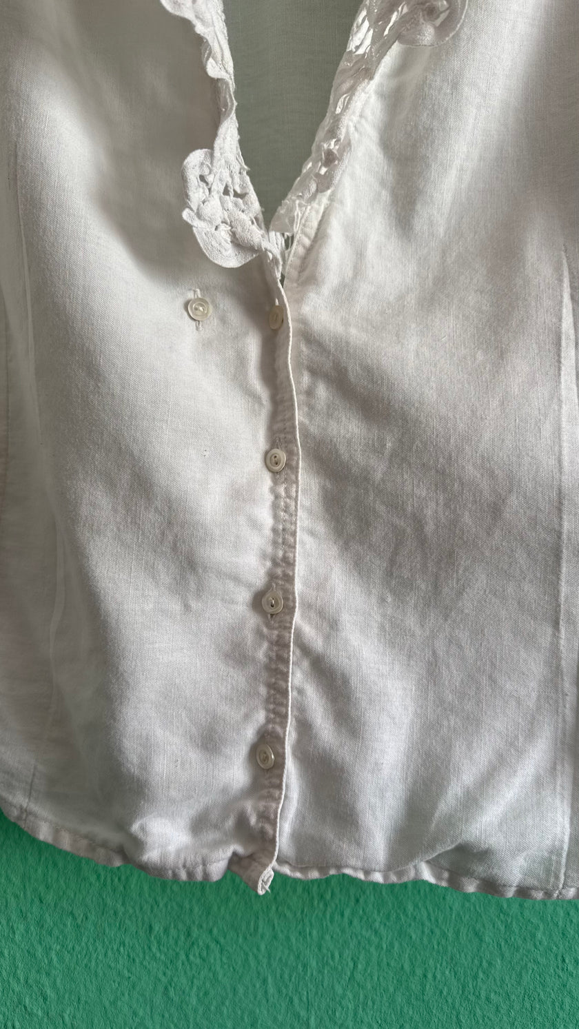 Vintage 1980s White Linen Blouse With Lace Collar