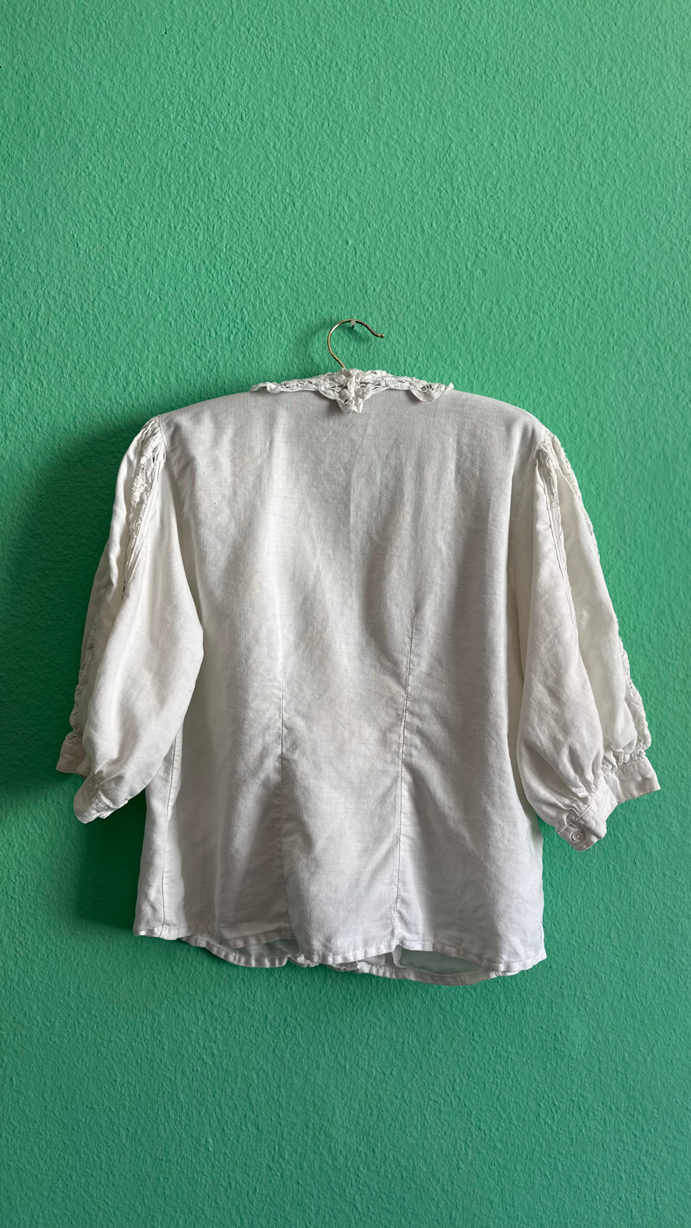 Vintage 1980s White Linen Blouse With Lace Collar
