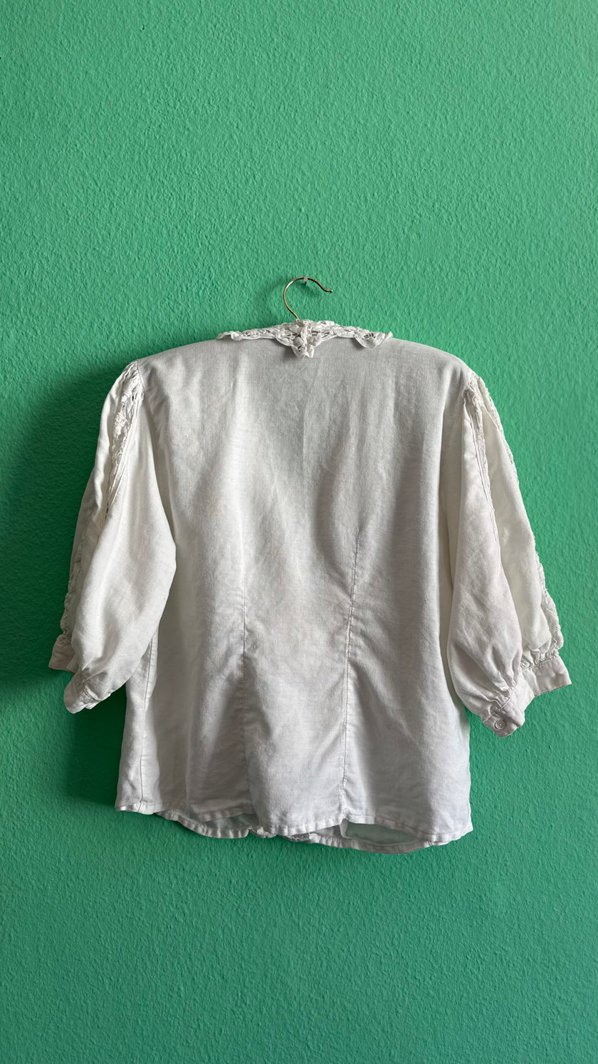 Vintage 1980s White Linen Blouse With Lace Collar