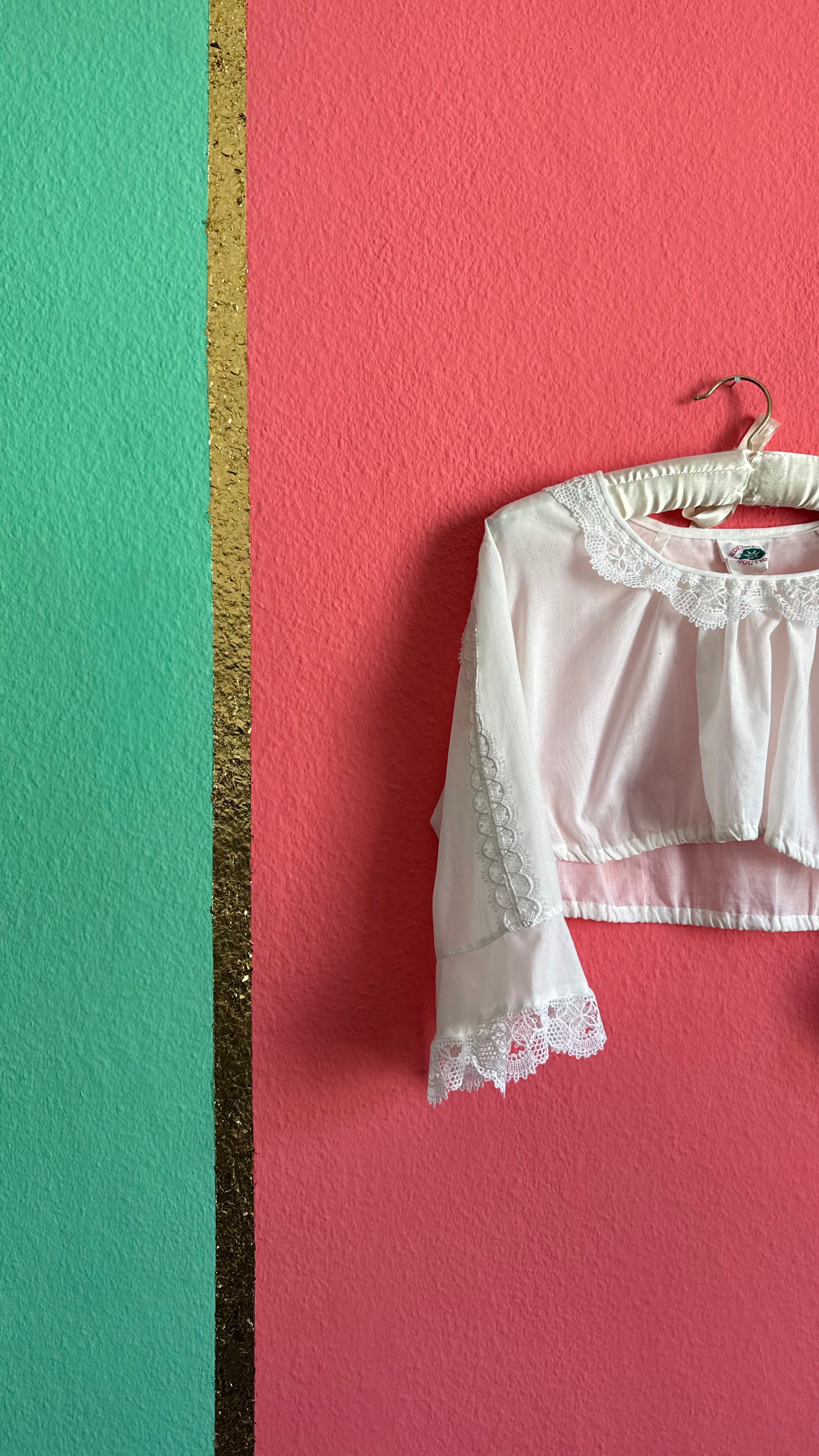 Vintage 1970s White Cropped Dirndl Blouse With Lace Bell Sleeves