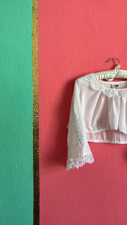 Vintage 1970s White Cropped Dirndl Blouse With Lace Bell Sleeves