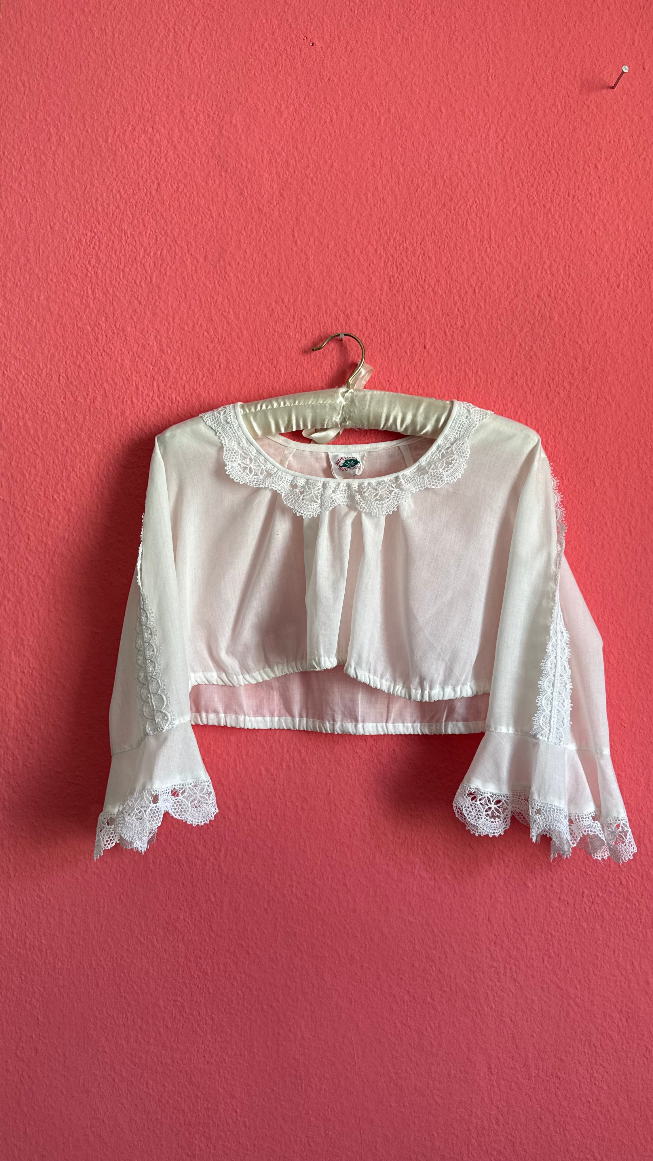 Vintage 1970s White Cropped Dirndl Blouse With Lace Bell Sleeves