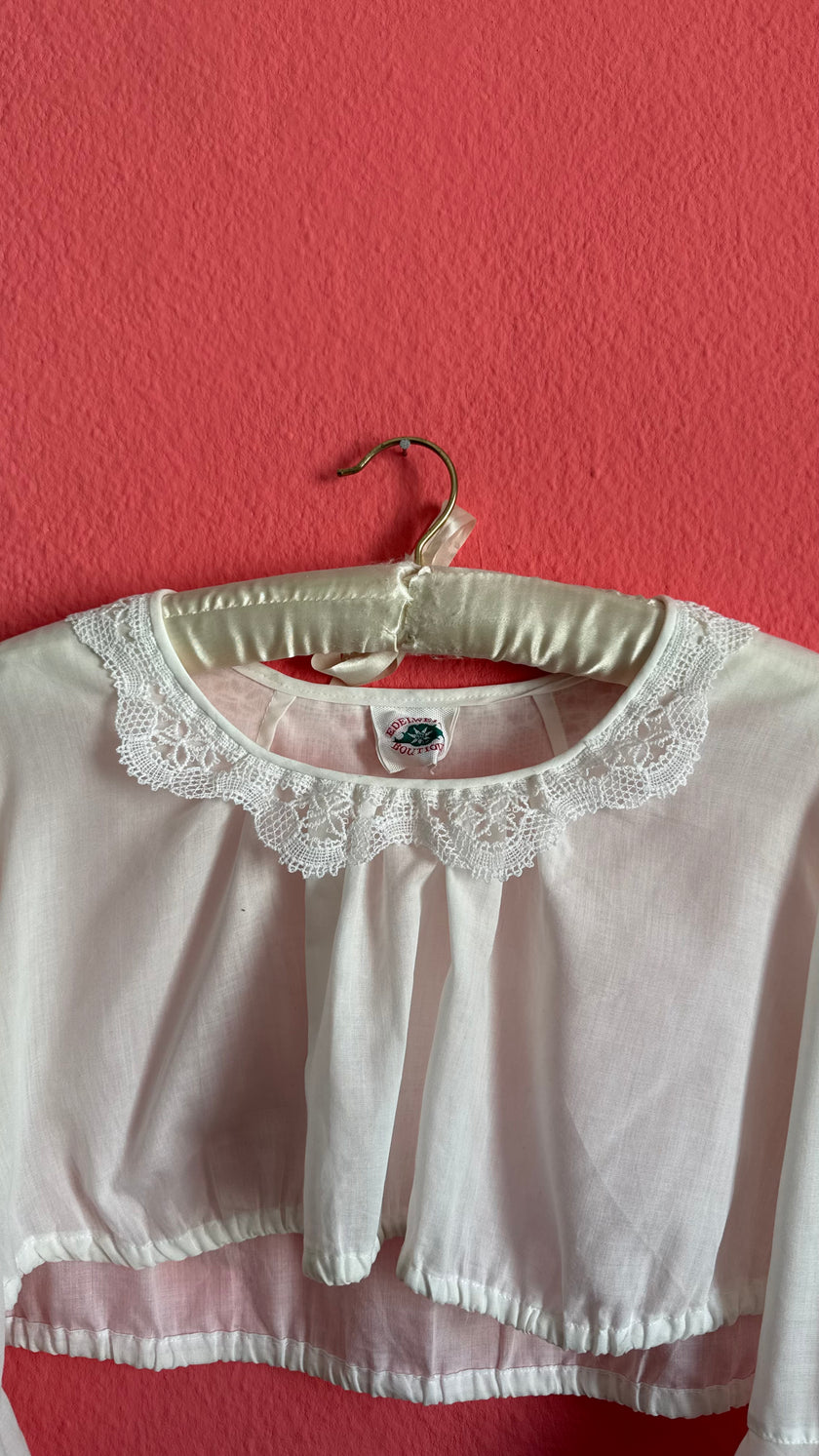 Vintage 1970s White Cropped Dirndl Blouse With Lace Bell Sleeves
