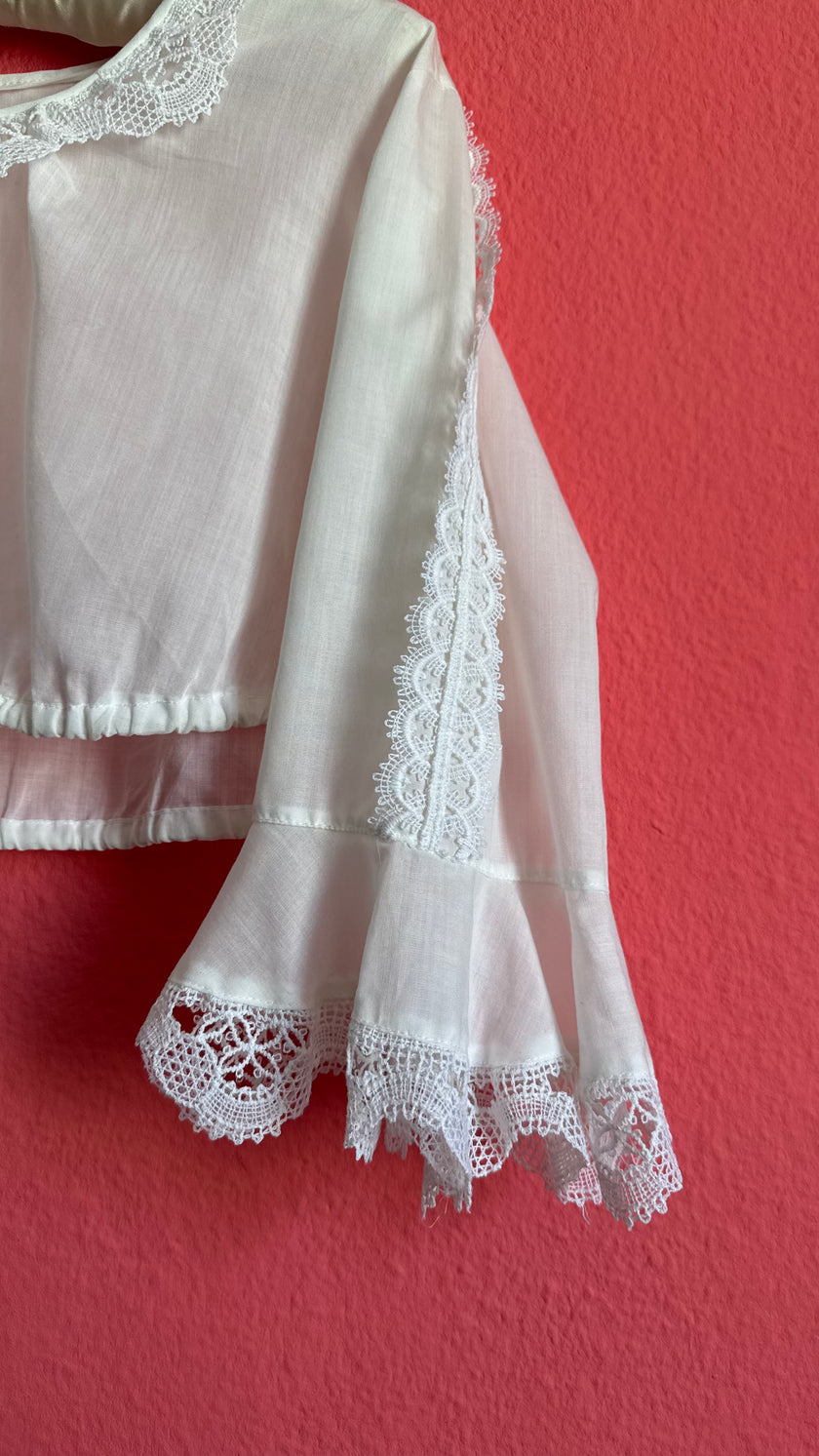 Vintage 1970s White Cropped Dirndl Blouse With Lace Bell Sleeves