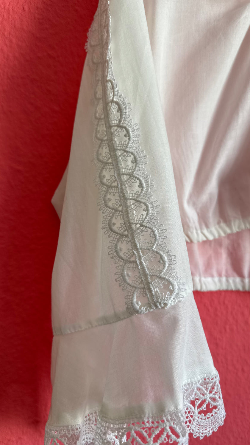 Vintage 1970s White Cropped Dirndl Blouse With Lace Bell Sleeves