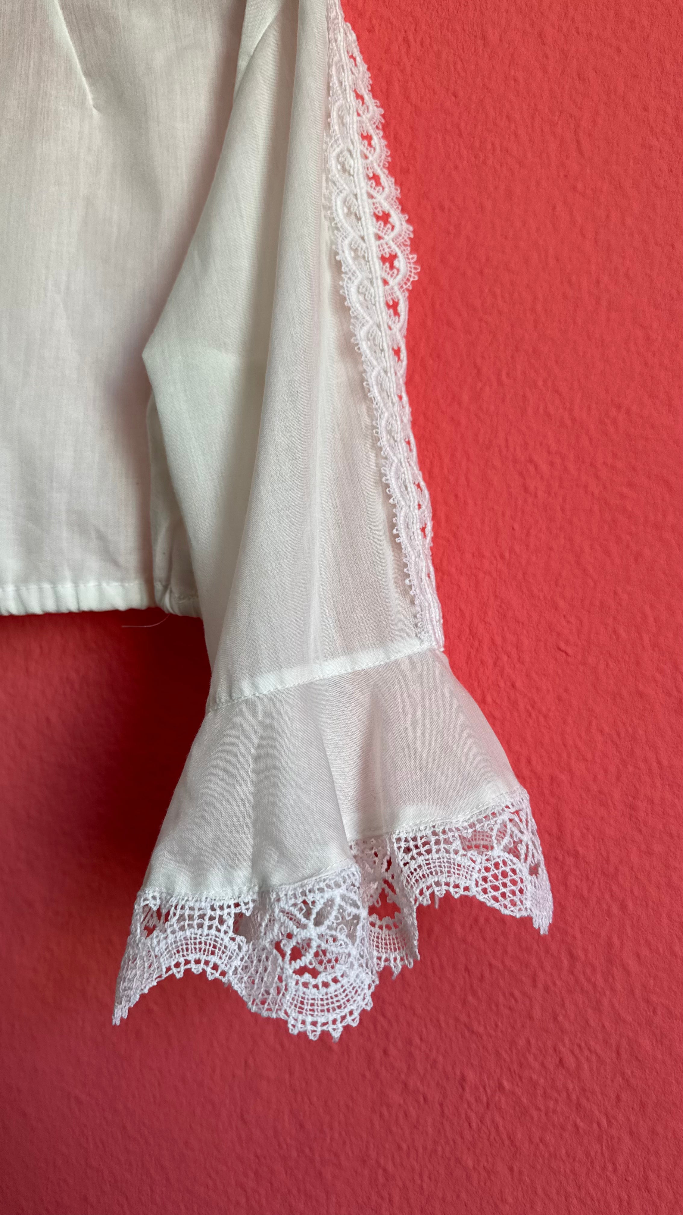 Vintage 1970s White Cropped Dirndl Blouse With Lace Bell Sleeves
