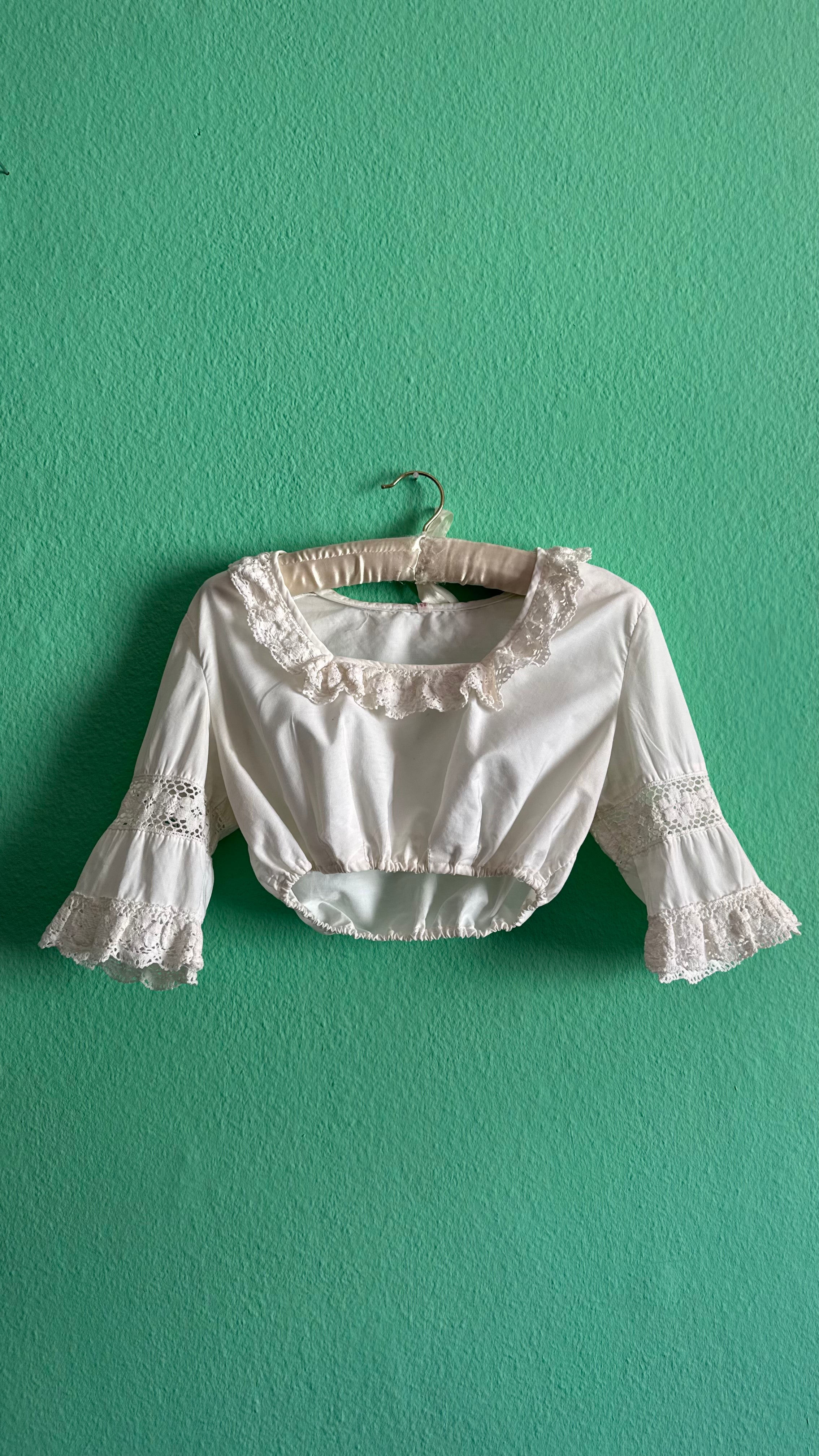 Vintage 1970s White Cropped Dirndl Blouse With Crochet Lace