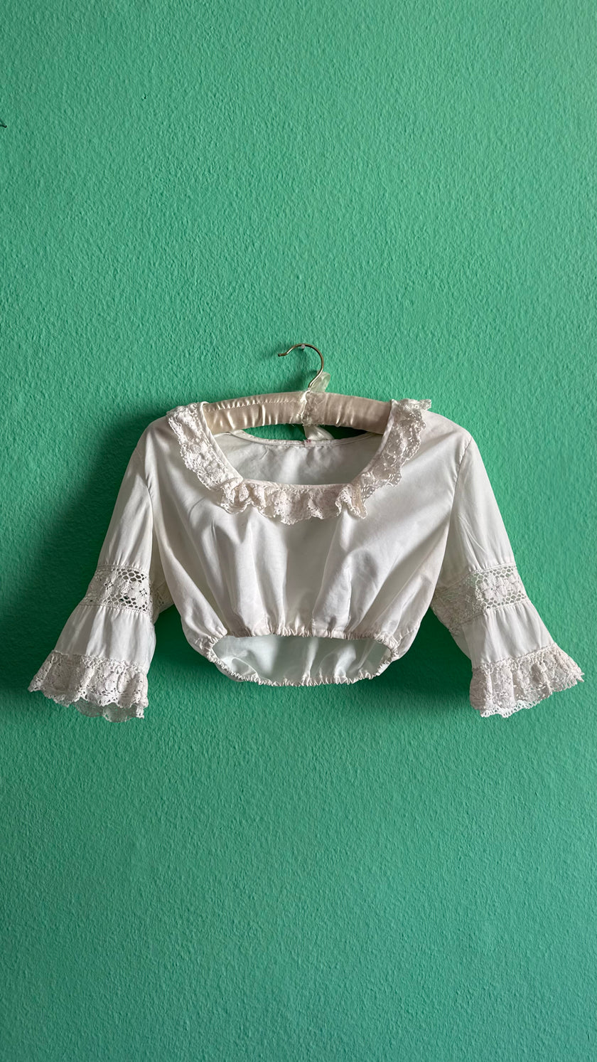 Vintage 1970s White Cropped Dirndl Blouse With Crochet Lace