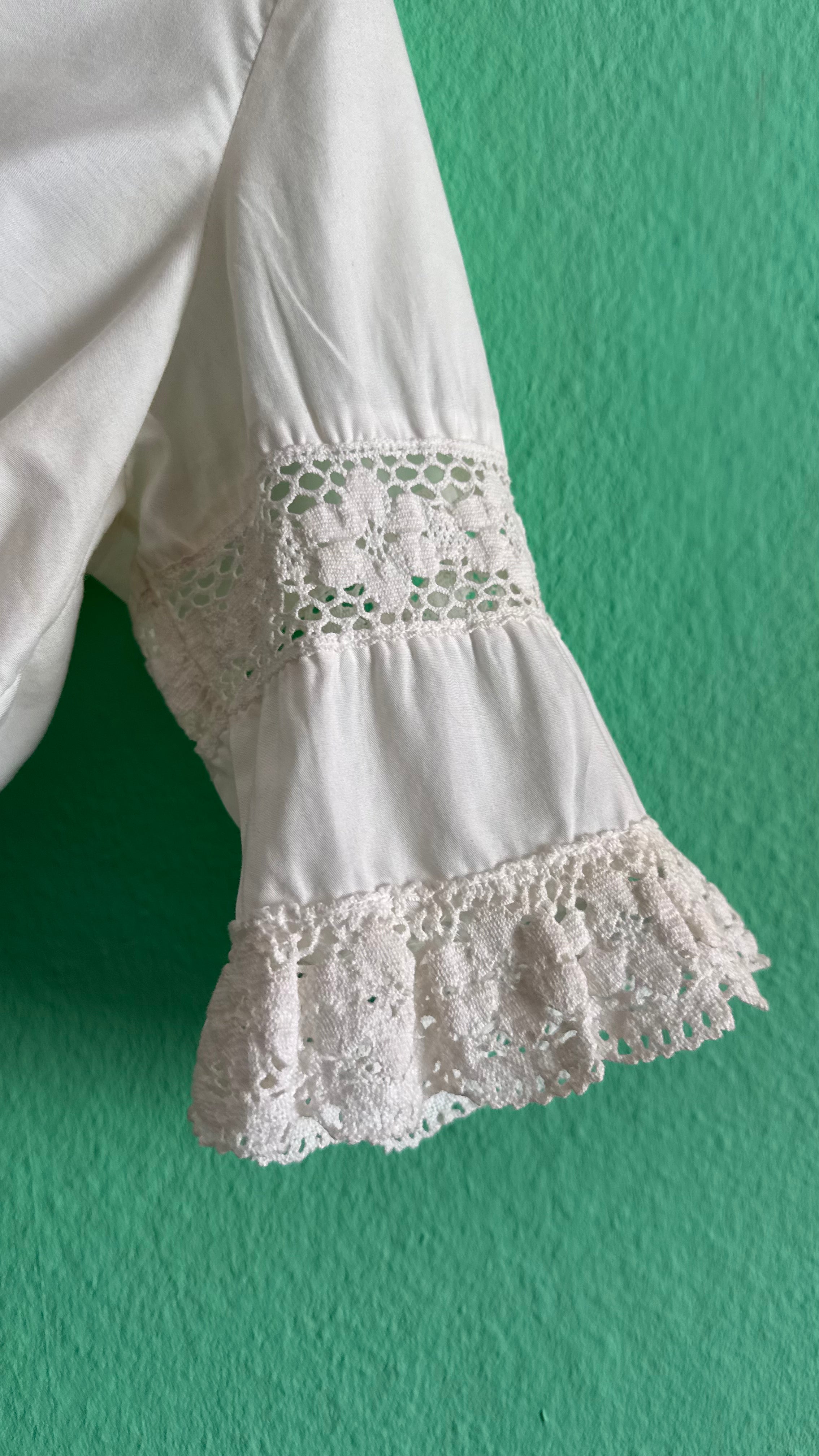 Vintage 1970s White Cropped Dirndl Blouse With Crochet Lace