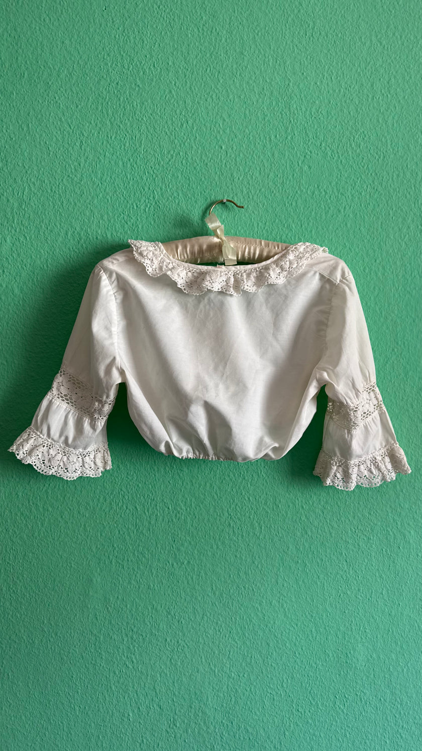 Vintage 1970s White Cropped Dirndl Blouse With Crochet Lace