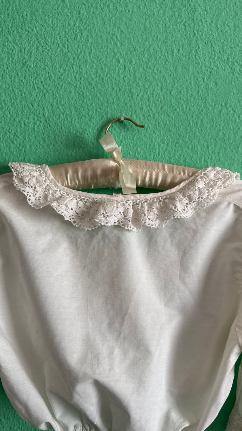 Vintage 1970s White Cropped Dirndl Blouse With Crochet Lace