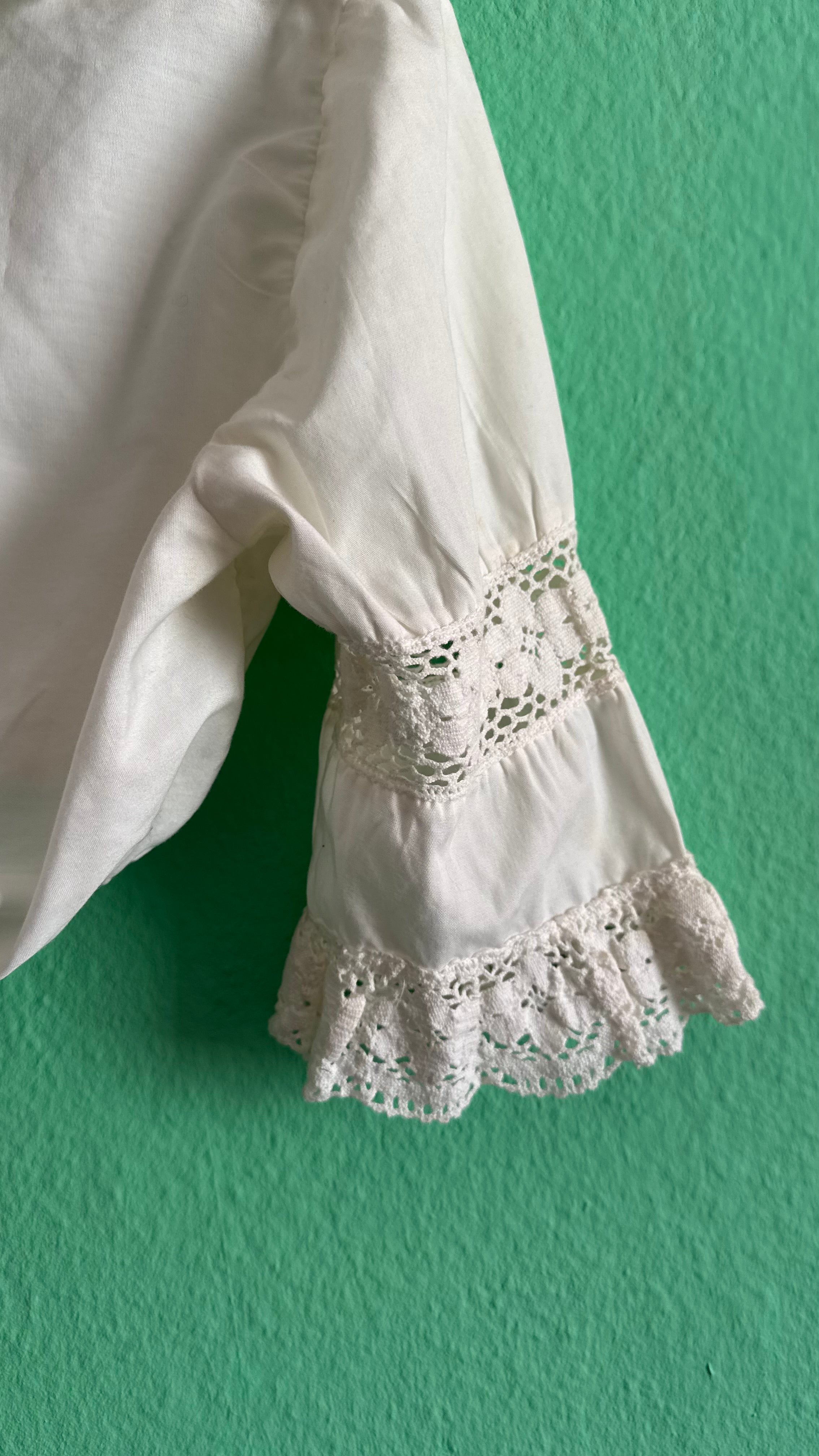 Vintage 1970s White Cropped Dirndl Blouse With Crochet Lace