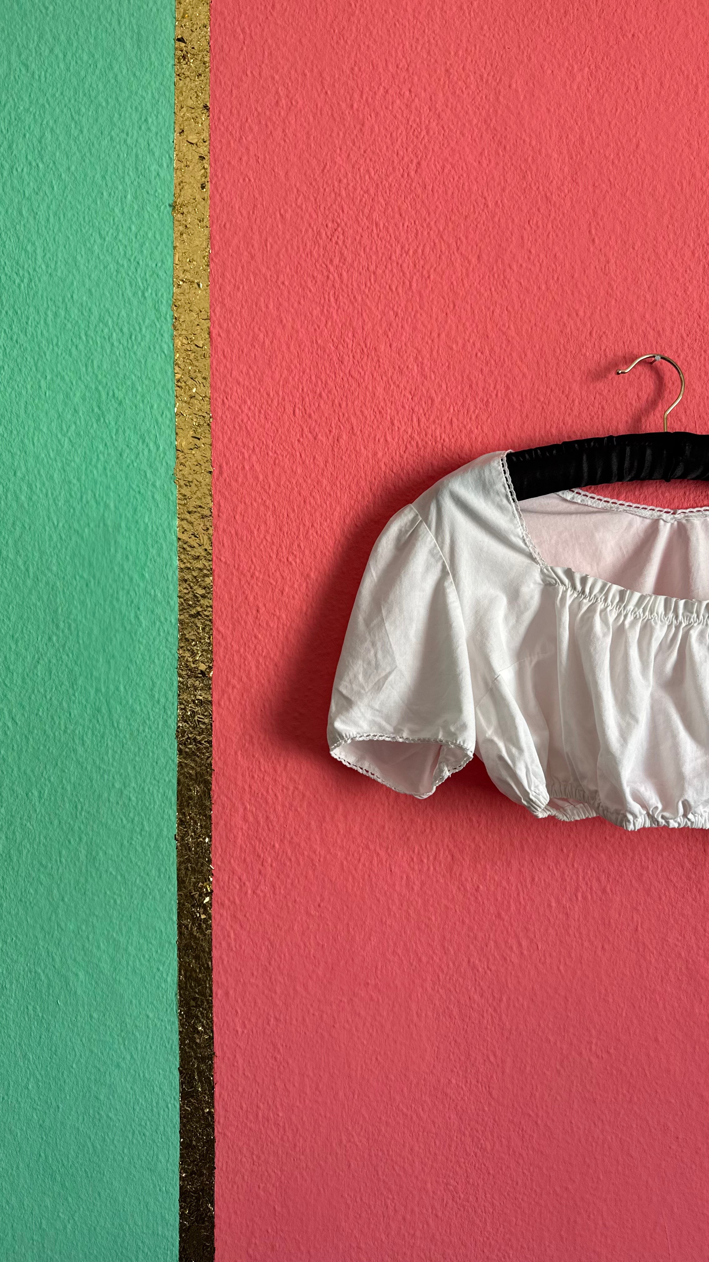 Vintage 1970s White Cropped Dirndl Blouse With Puff Sleeves