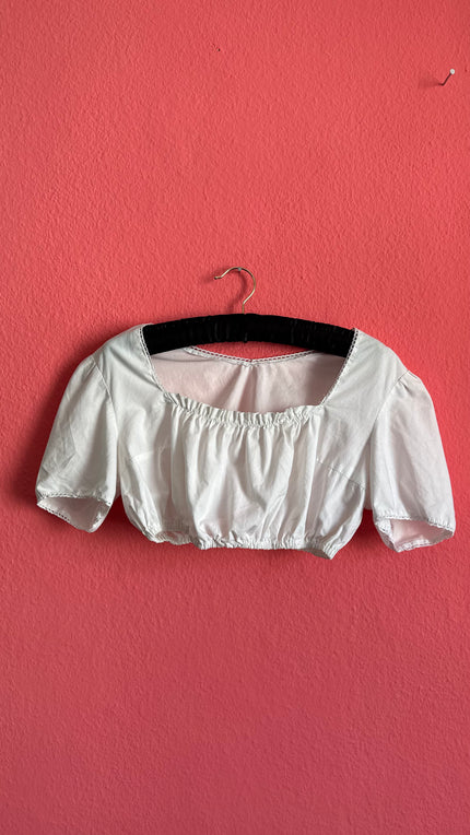 Vintage 1970s White Cropped Dirndl Blouse With Puff Sleeves