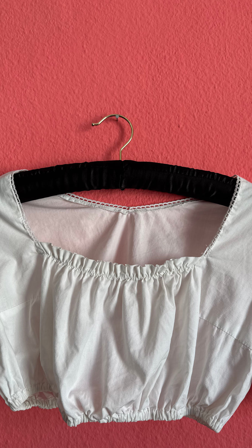 Vintage 1970s White Cropped Dirndl Blouse With Puff Sleeves
