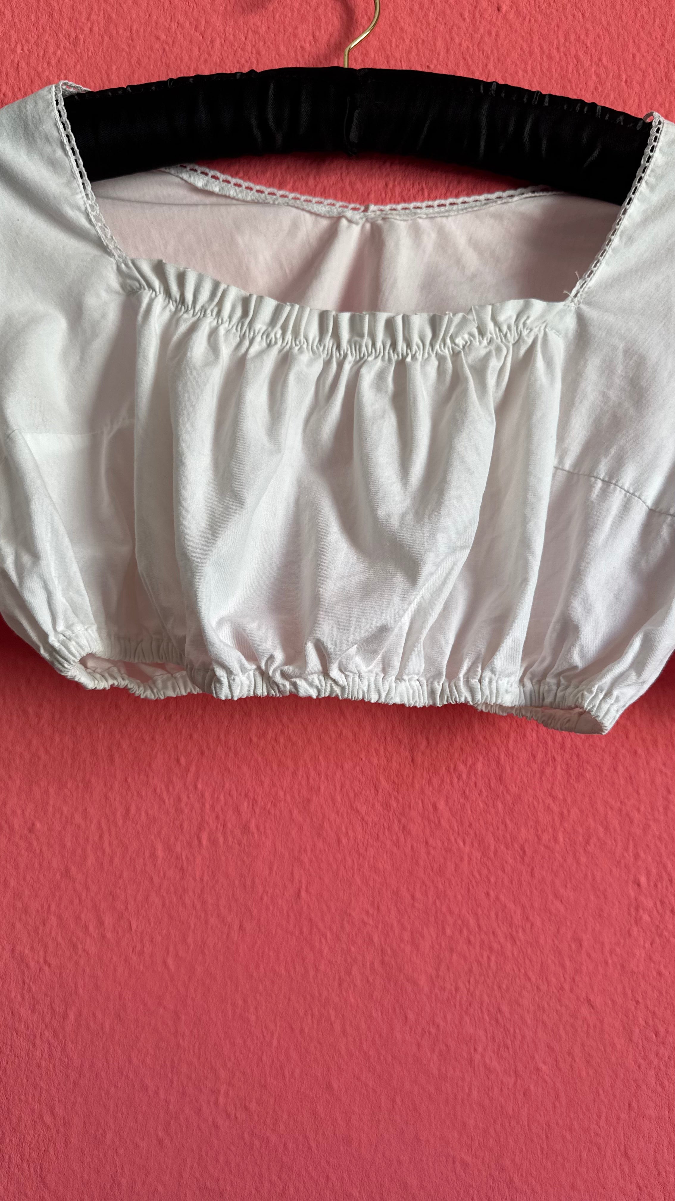 Vintage 1970s White Cropped Dirndl Blouse With Puff Sleeves
