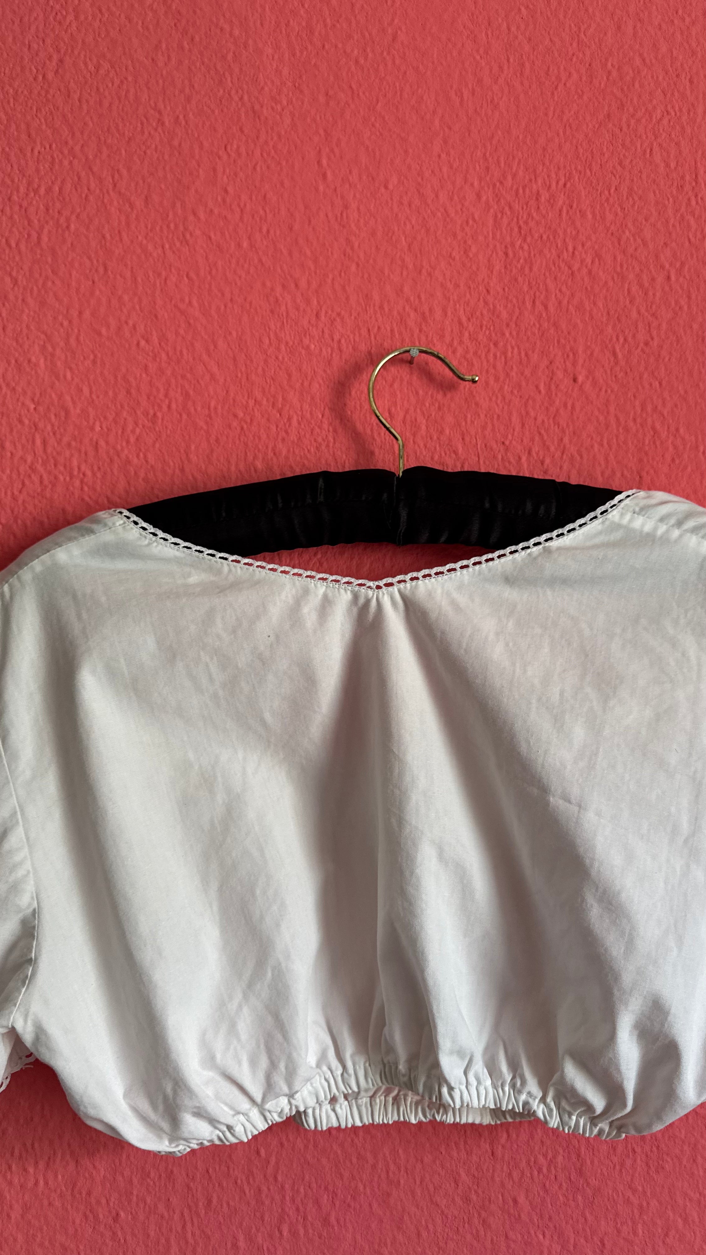 Vintage 1970s White Cropped Dirndl Blouse With Puff Sleeves