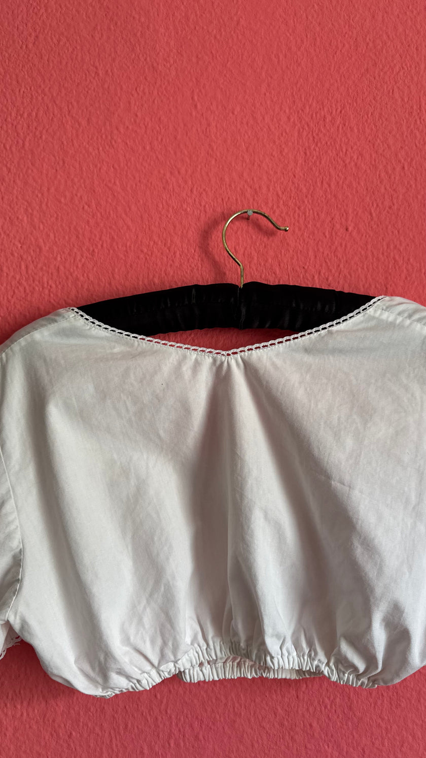 Vintage 1970s White Cropped Dirndl Blouse With Puff Sleeves