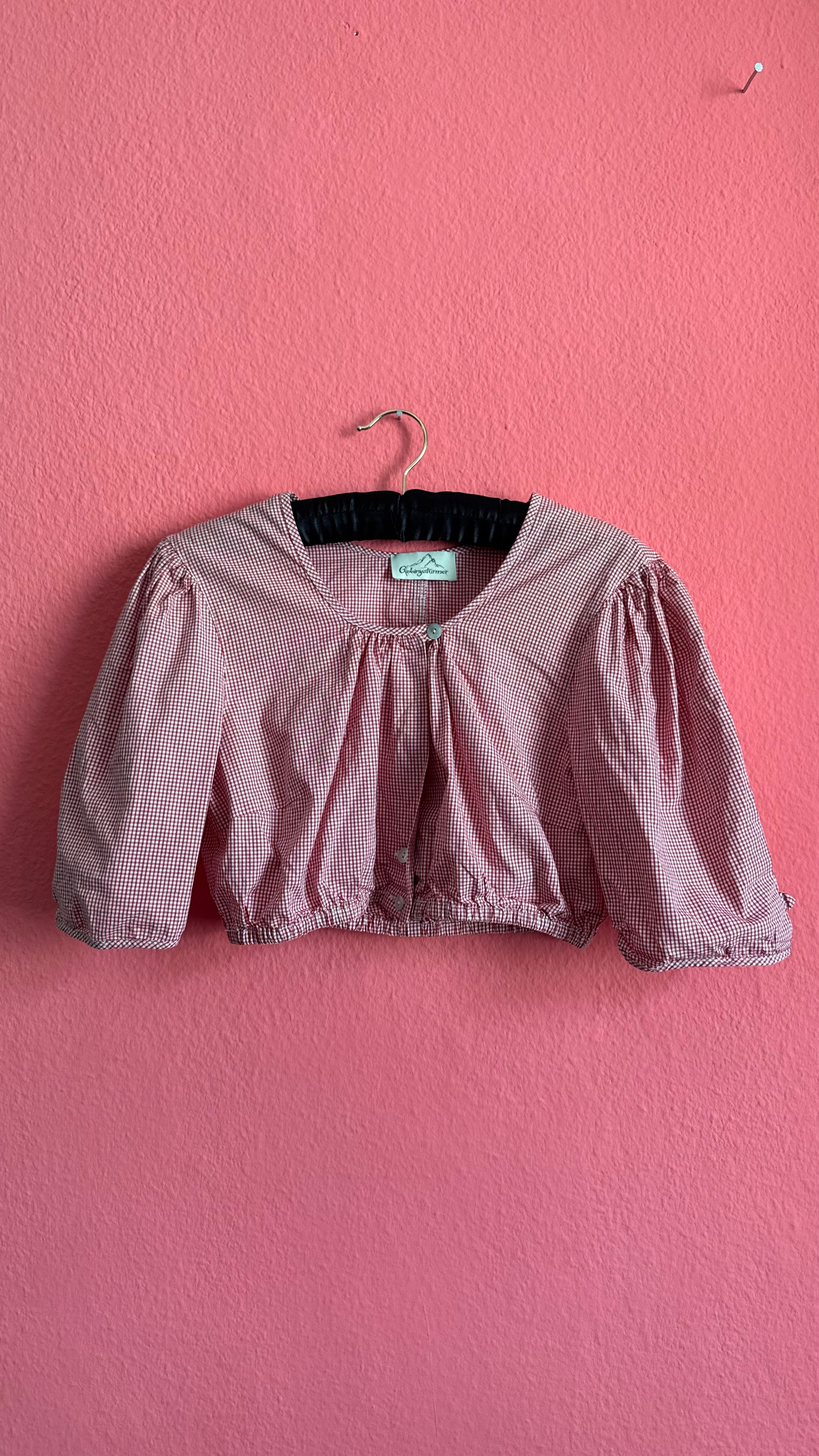 Vintage 1980s Red Gingham Cropped Dirndl Blouse by Gebirgsstürmer
