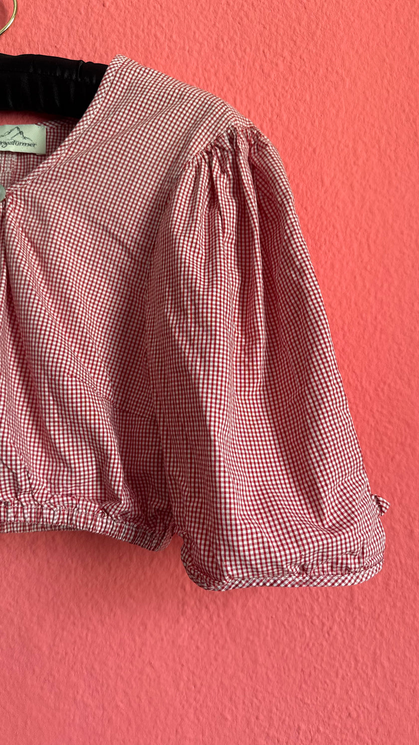Vintage 1980s Red Gingham Cropped Dirndl Blouse by Gebirgsstürmer