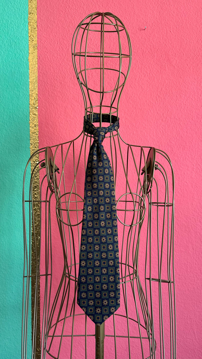Vintage 1980s Blue Geometric Necktie and Women’s Belt by Jacques Ploenes