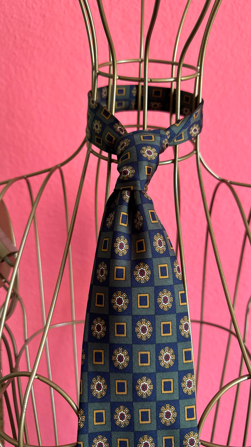 Vintage 1980s Blue Geometric Necktie and Women’s Belt by Jacques Ploenes