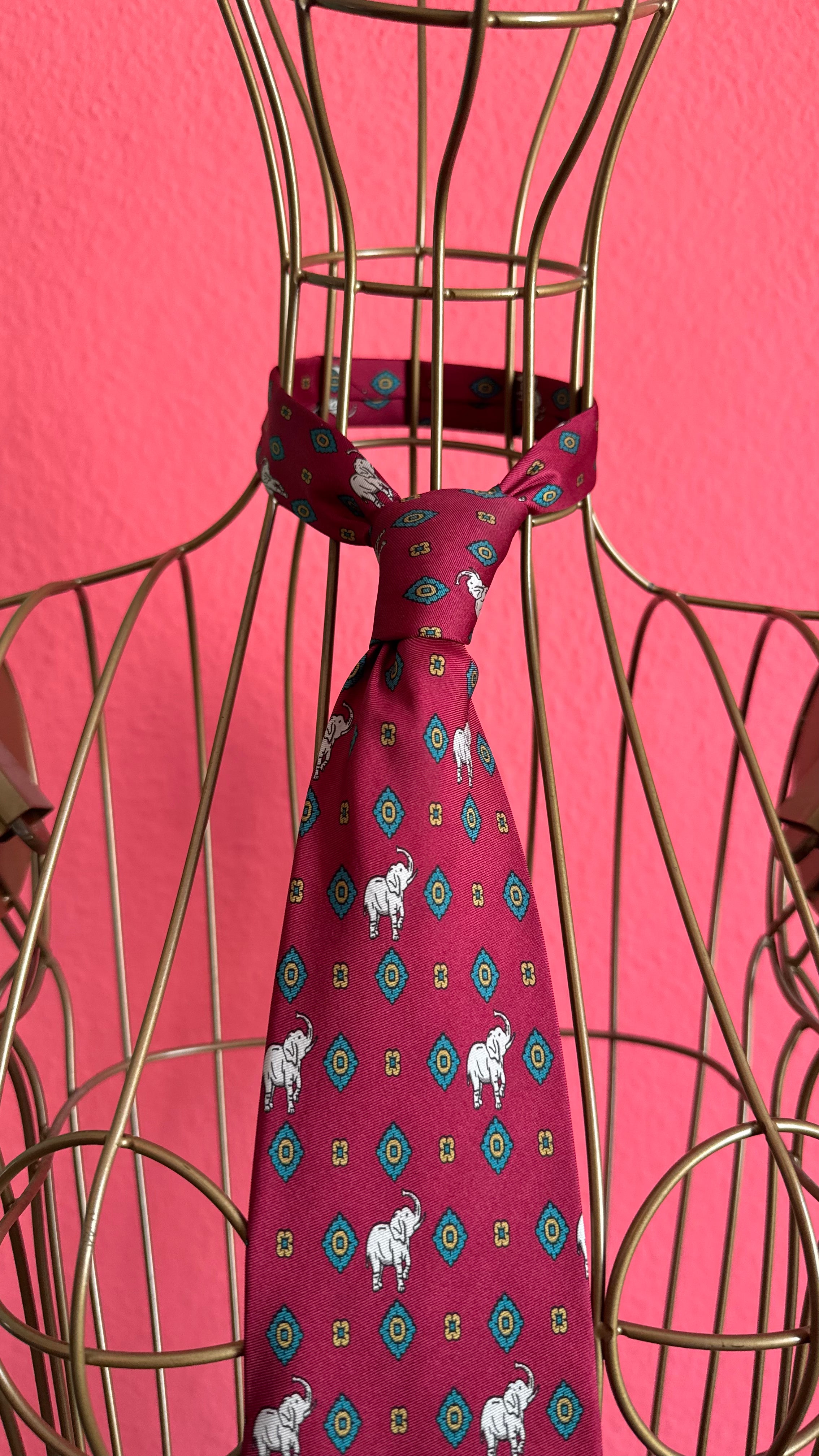 Vintage 1980s Burgundy Silk Elephant Necktie and Women’s Belt Made in Italy