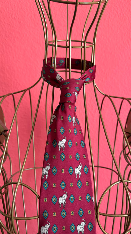Vintage 1980s Burgundy Silk Elephant Necktie and Women’s Belt Made in Italy