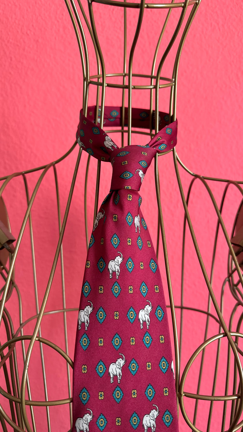 Vintage 1980s Burgundy Silk Elephant Necktie and Women’s Belt Made in Italy