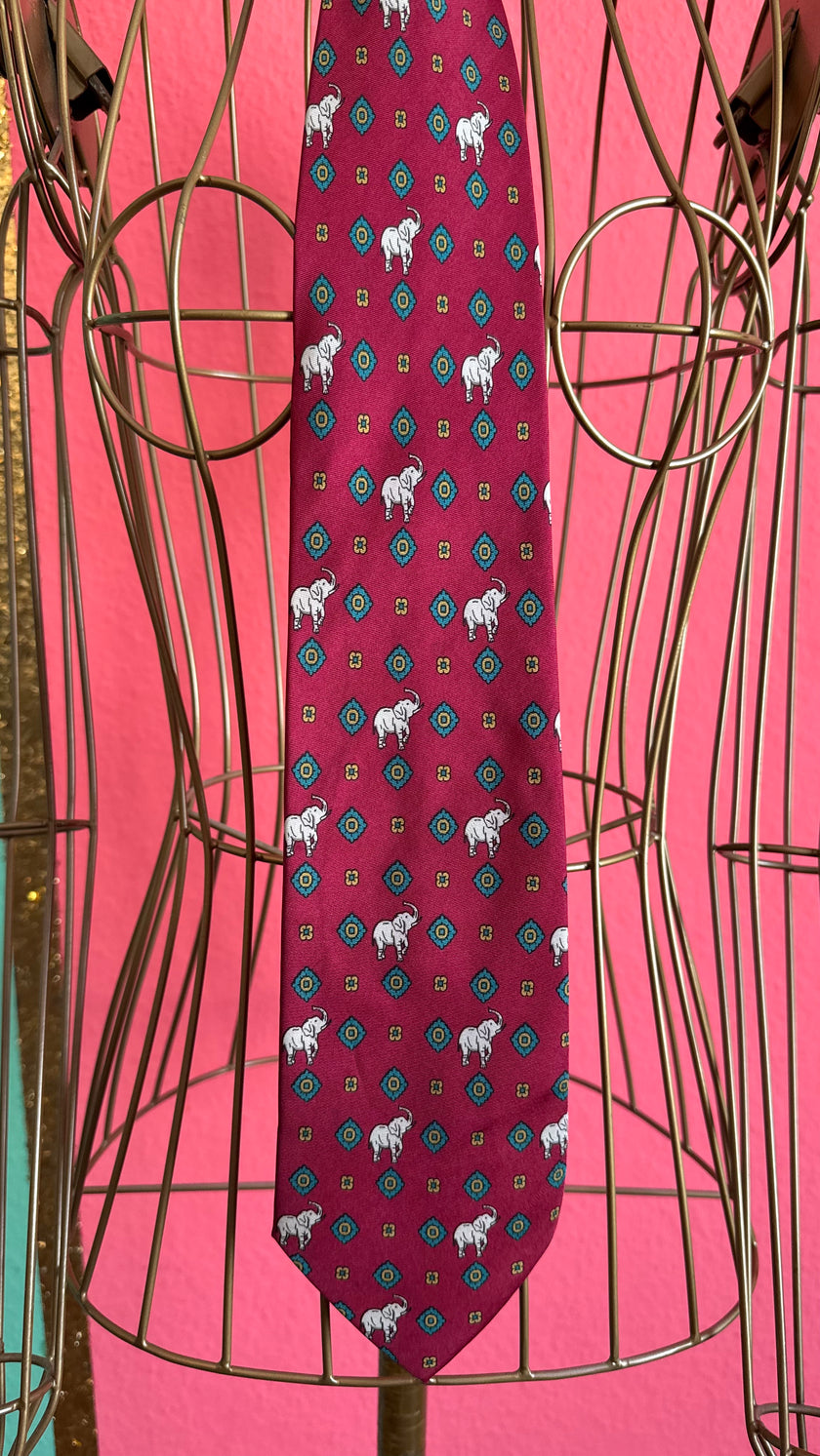 Vintage 1980s Burgundy Silk Elephant Necktie and Women’s Belt Made in Italy
