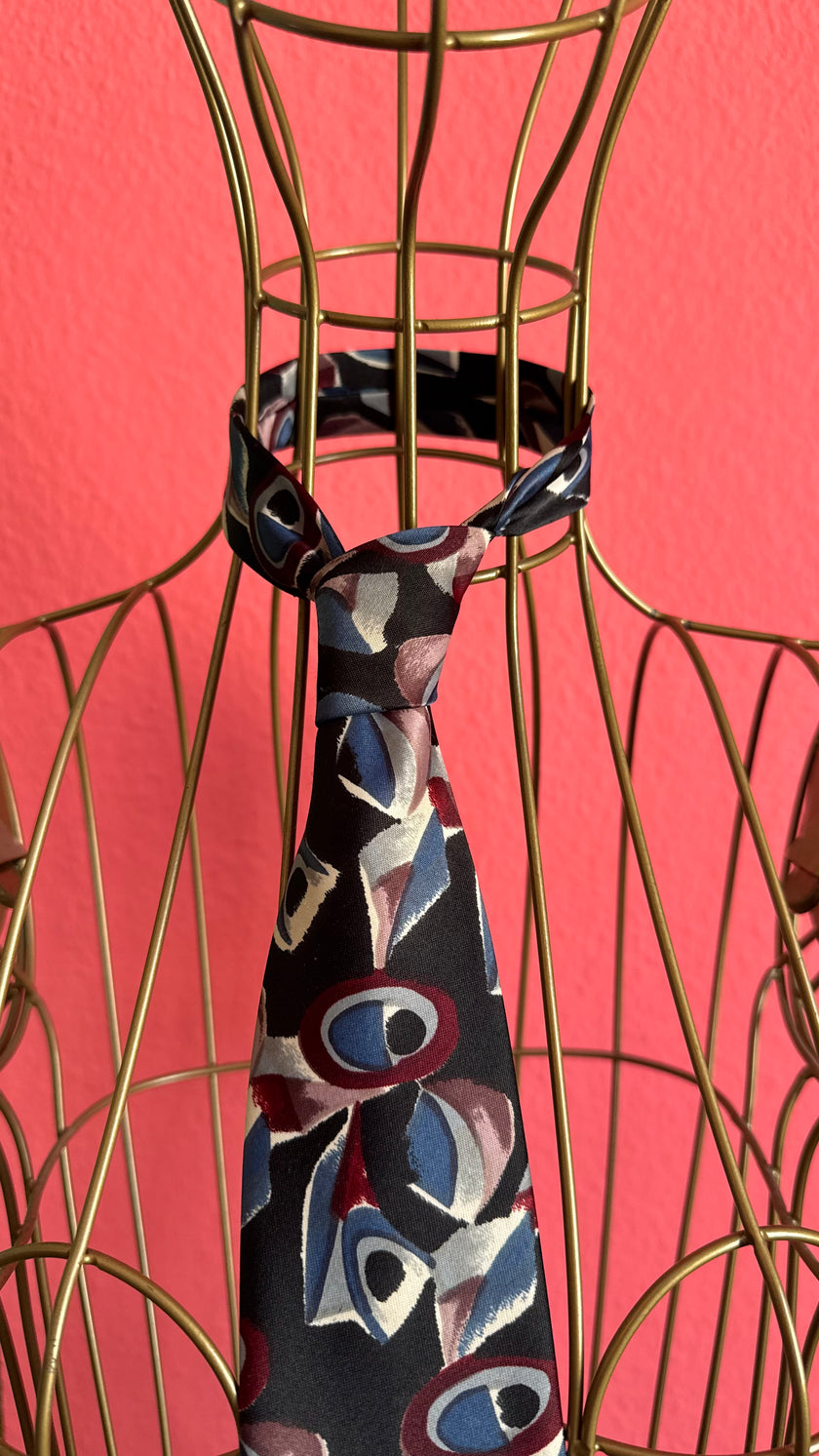 Vintage 1980s Abstract Print Necktie and Women’s Belt by Mercedes