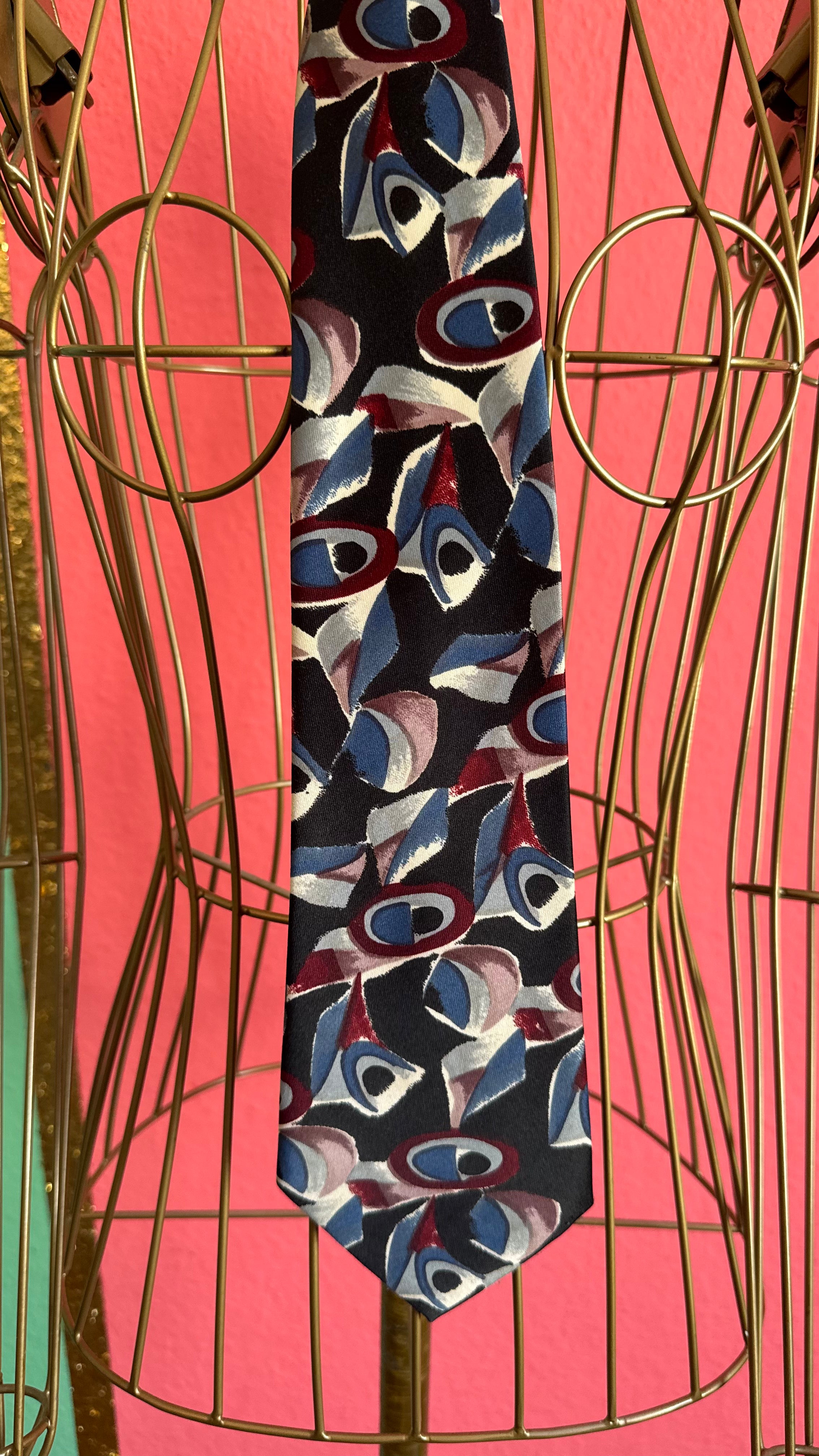 Vintage 1980s Abstract Print Necktie and Women’s Belt by Mercedes