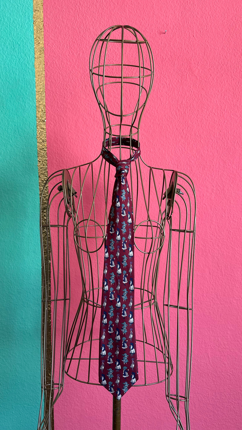 Vintage 1980s Burgundy Figural Print Tie and Women’s Belt by PEAU