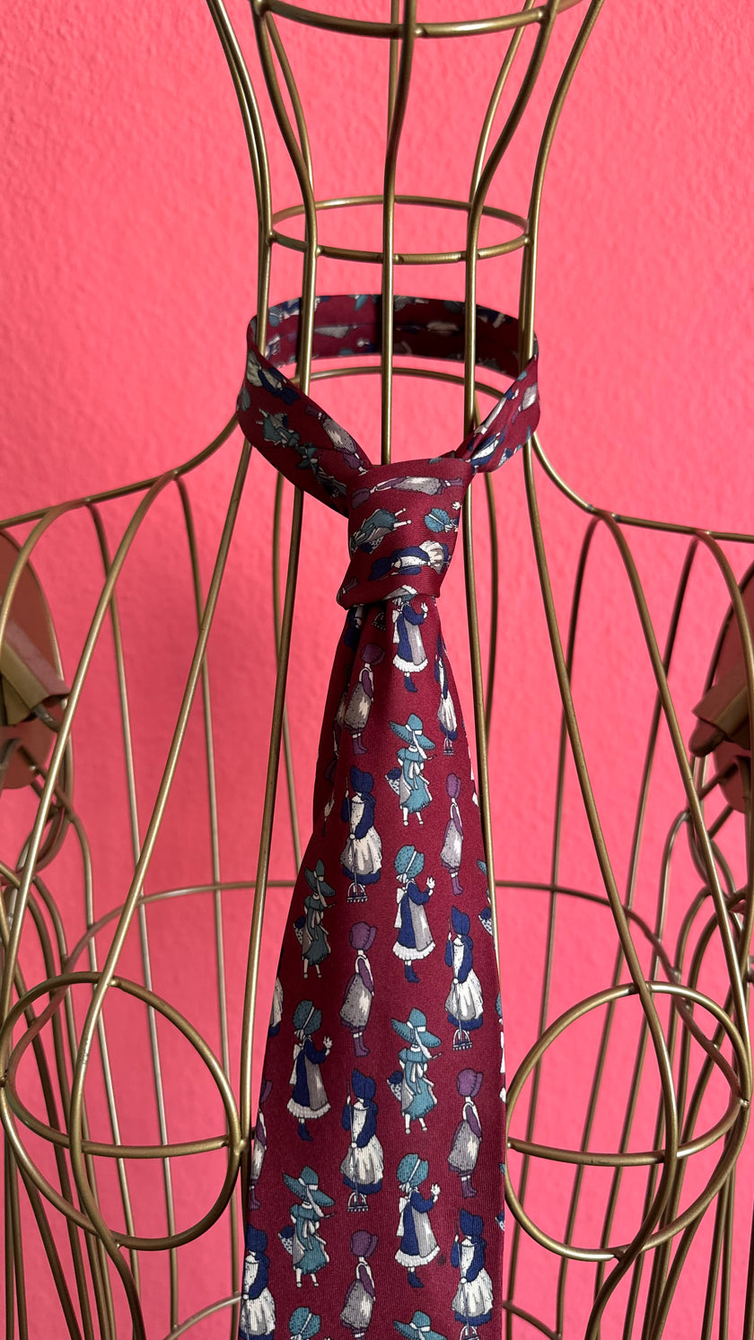 Vintage 1980s Burgundy Figural Print Tie and Women’s Belt by PEAU