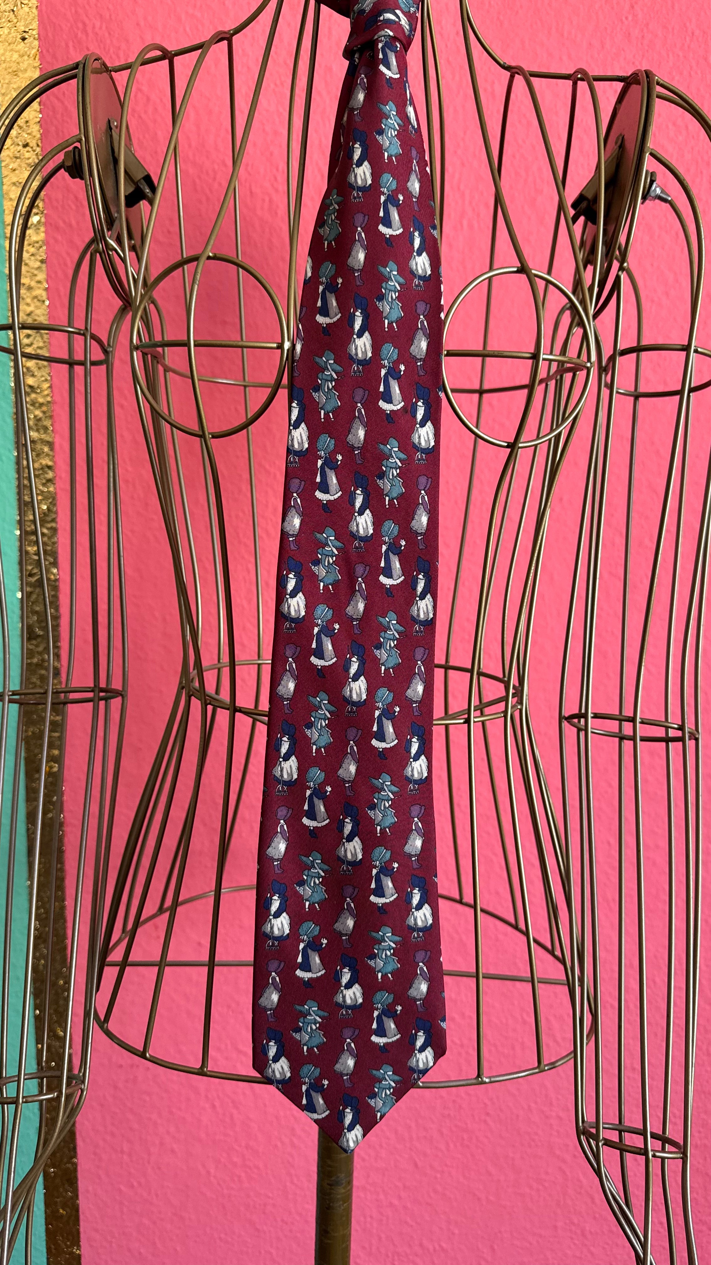 Vintage 1980s Burgundy Figural Print Tie and Women’s Belt by PEAU