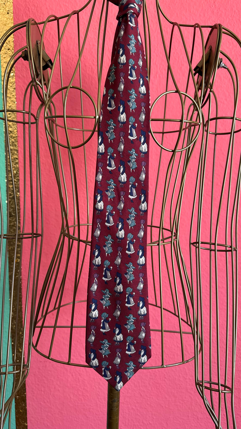 Vintage 1980s Burgundy Figural Print Tie and Women’s Belt by PEAU