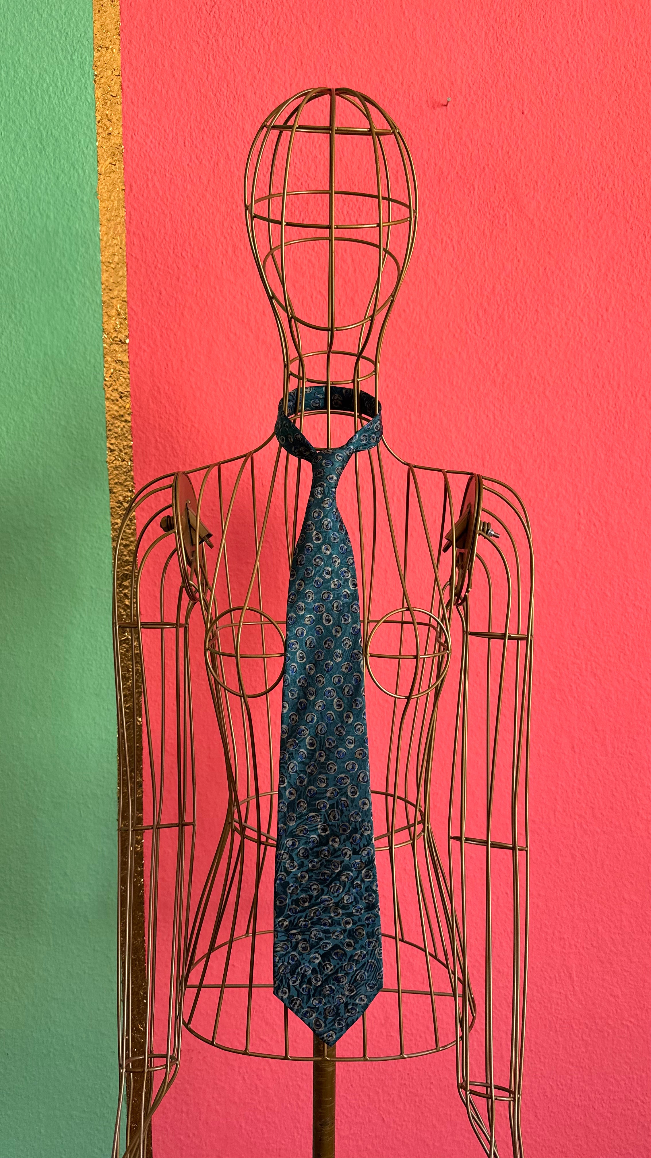 Vintage 1980s Teal Blue Silk Tie and Women’s Belt with Abstract Circular Print