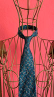 Vintage 1980s Teal Blue Silk Tie and Women’s Belt with Abstract Circular Print