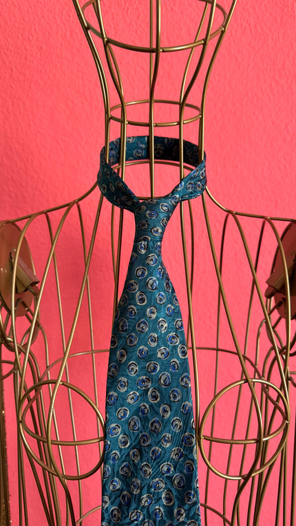 Vintage 1980s Teal Blue Silk Tie and Women’s Belt with Abstract Circular Print