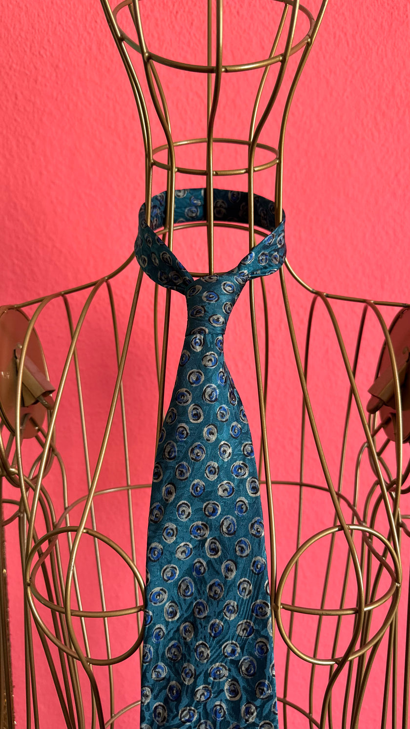 Vintage 1980s Teal Blue Silk Tie and Women’s Belt with Abstract Circular Print