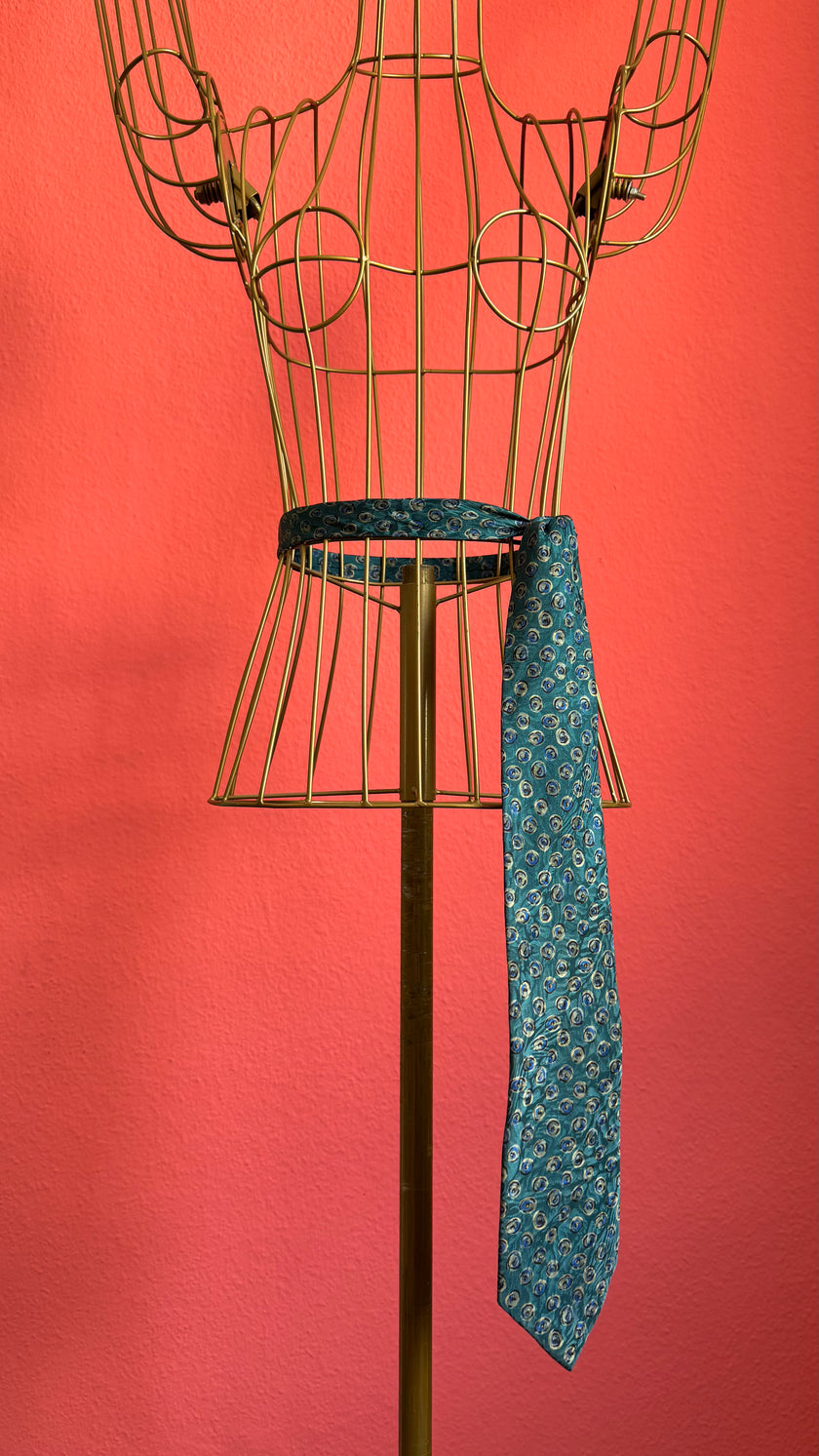 Vintage 1980s Teal Blue Silk Tie and Women’s Belt with Abstract Circular Print