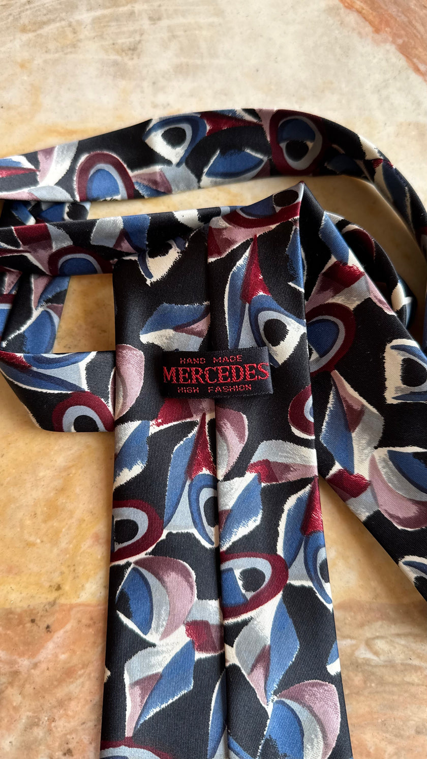 Vintage 1980s Abstract Print Necktie and Women’s Belt by Mercedes