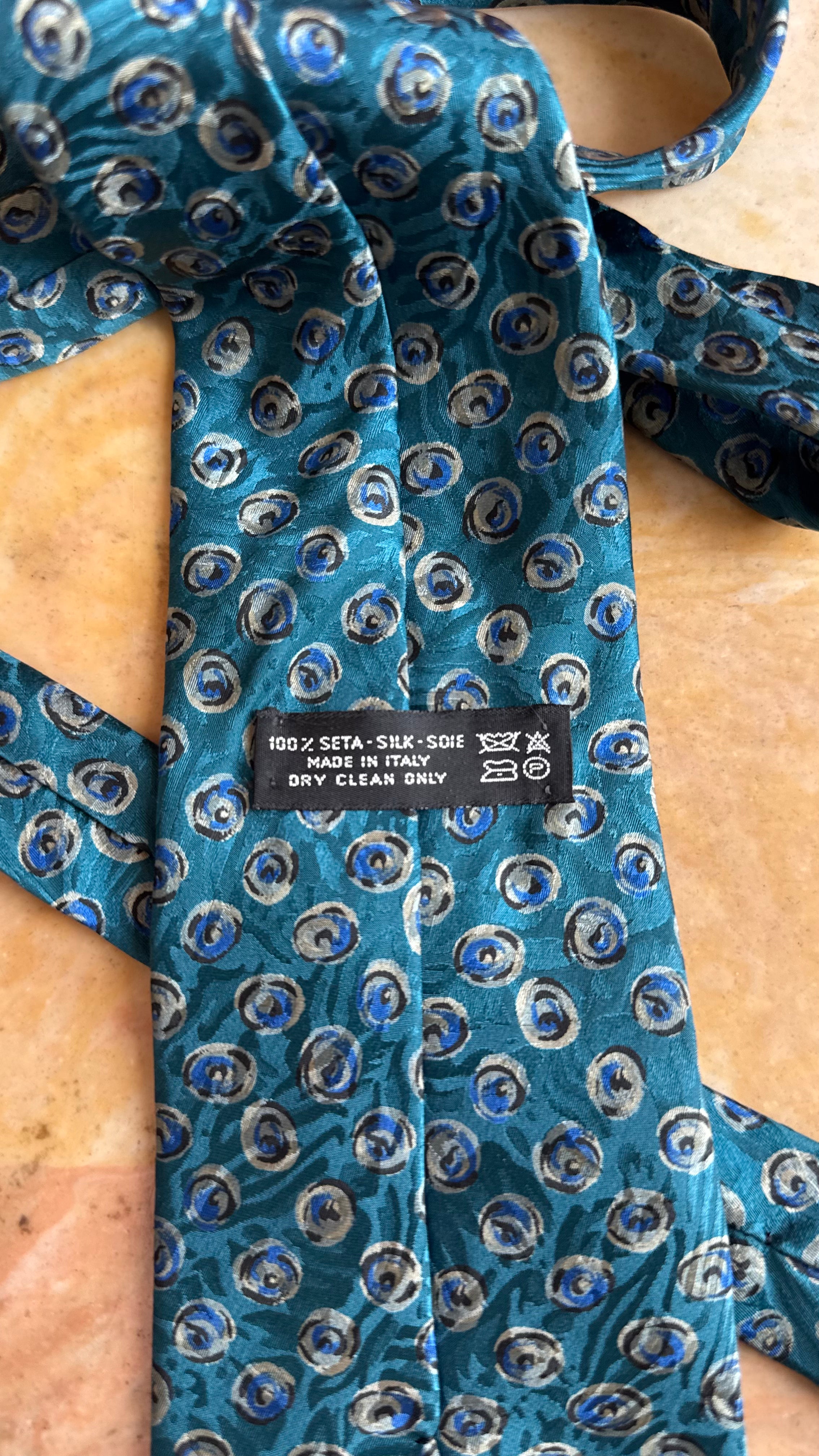 Vintage 1980s Teal Blue Silk Tie and Women’s Belt with Abstract Circular Print